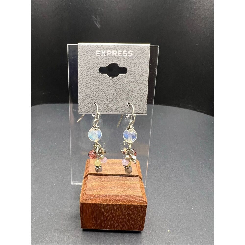 New Express Iridescent Clear Multi Color Beaded Cluster Dangle Earrings